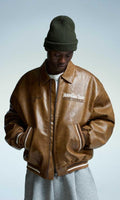 Bershka Brown Faux Leather Bomber Jacket featuring "Motor Class Team"