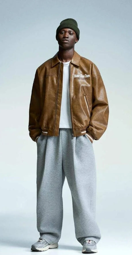 Bershka Brown Faux Leather Bomber Jacket featuring "Motor Class Team"