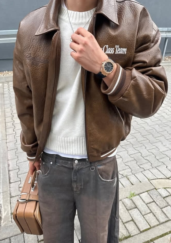 Bershka Brown Faux Leather Bomber Jacket featuring "Motor Class Team"