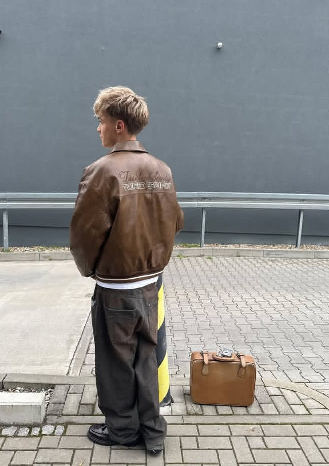 Bershka Brown Faux Leather Bomber Jacket featuring "Motor Class Team"