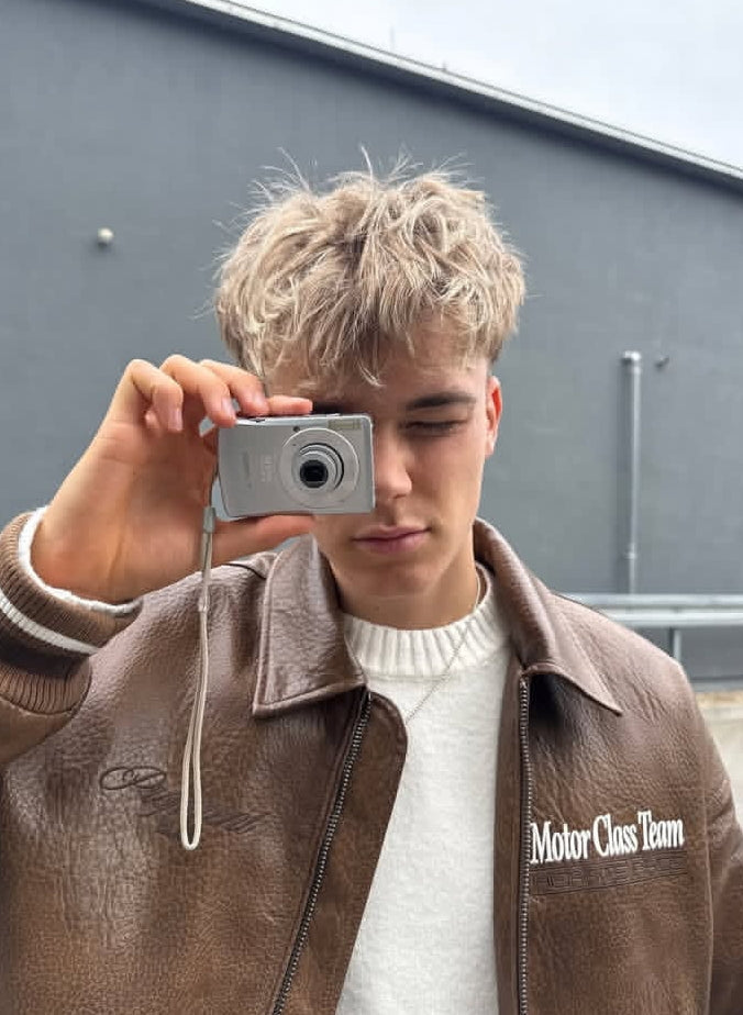 Bershka Brown Faux Leather Bomber Jacket featuring "Motor Class Team"