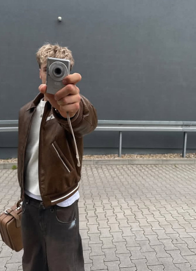 Bershka Brown Faux Leather Bomber Jacket featuring "Motor Class Team"