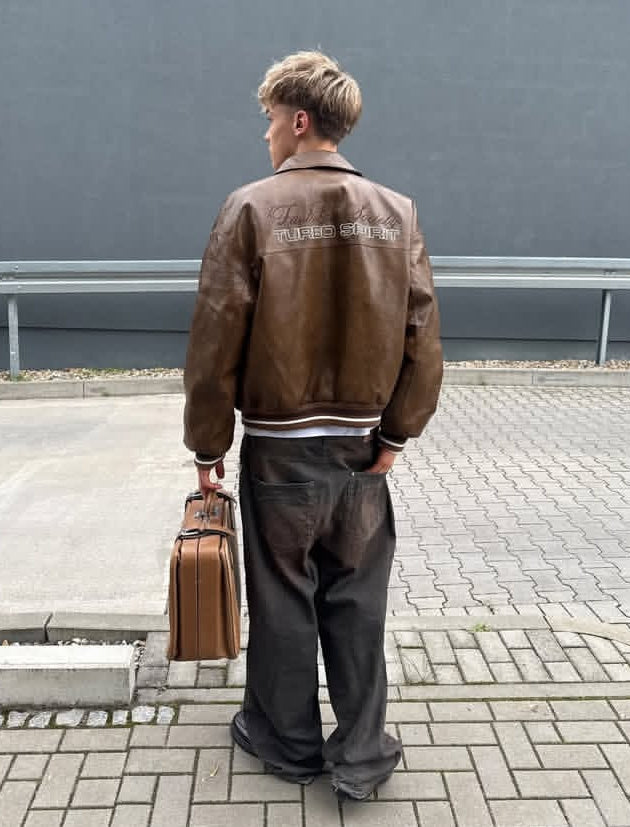 Bershka Brown Faux Leather Bomber Jacket featuring "Motor Class Team"