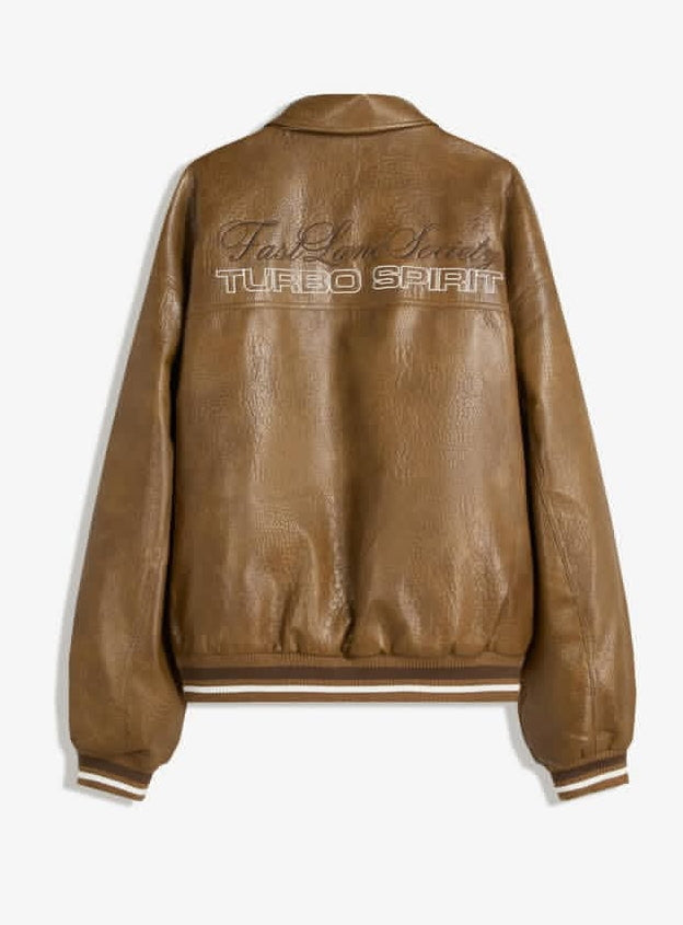 Bershka Brown Faux Leather Bomber Jacket featuring "Motor Class Team"