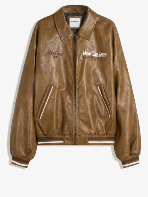 Bershka Brown Faux Leather Bomber Jacket featuring "Motor Class Team"