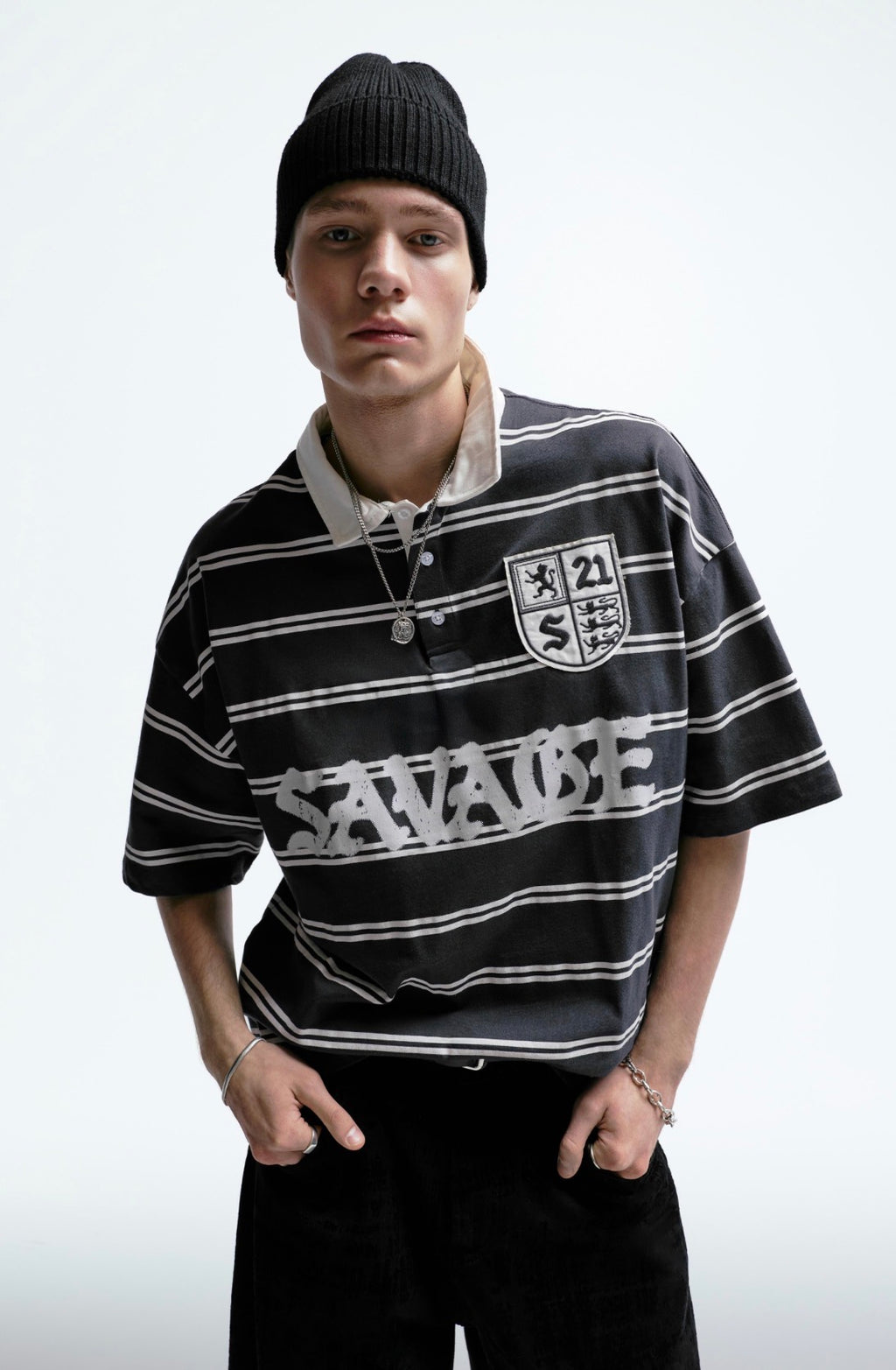 21 SAVAGE STRIPED POLO SHIRT - P&B