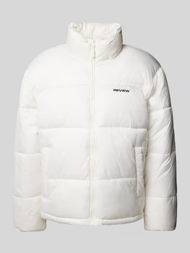 Off-white quilted jacket with a stand-up collar
